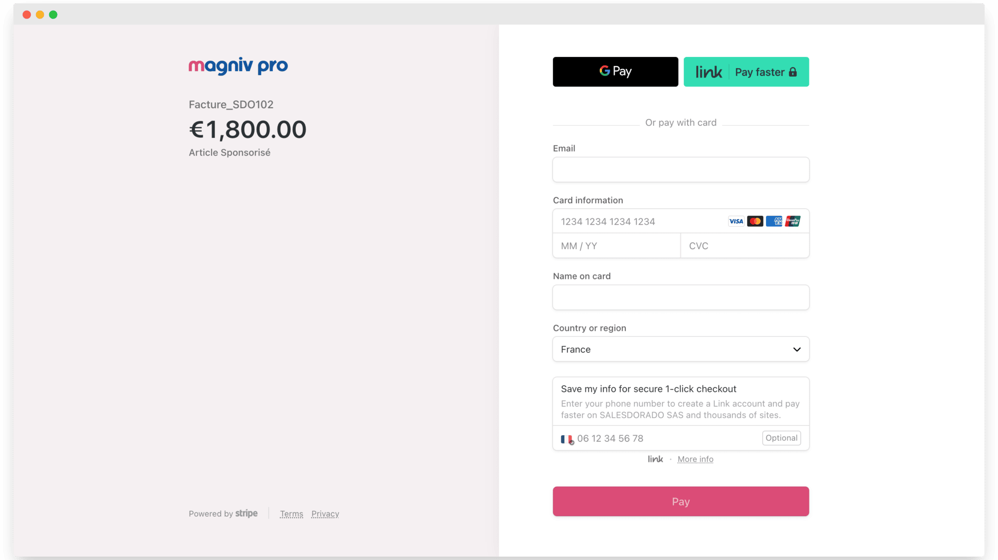 La page de paiement Stripe ouverte depuis une facture Magniv Pro