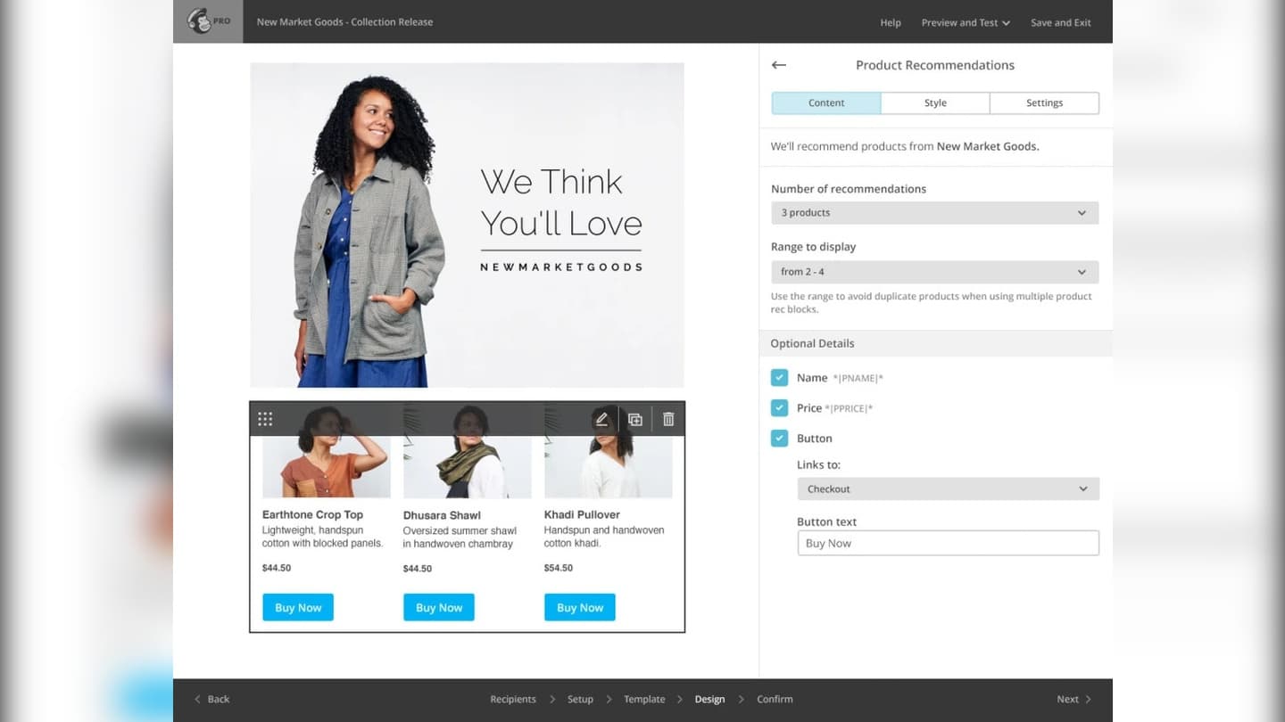 Mailchimp product recommendation builder, with the suggested items in the email