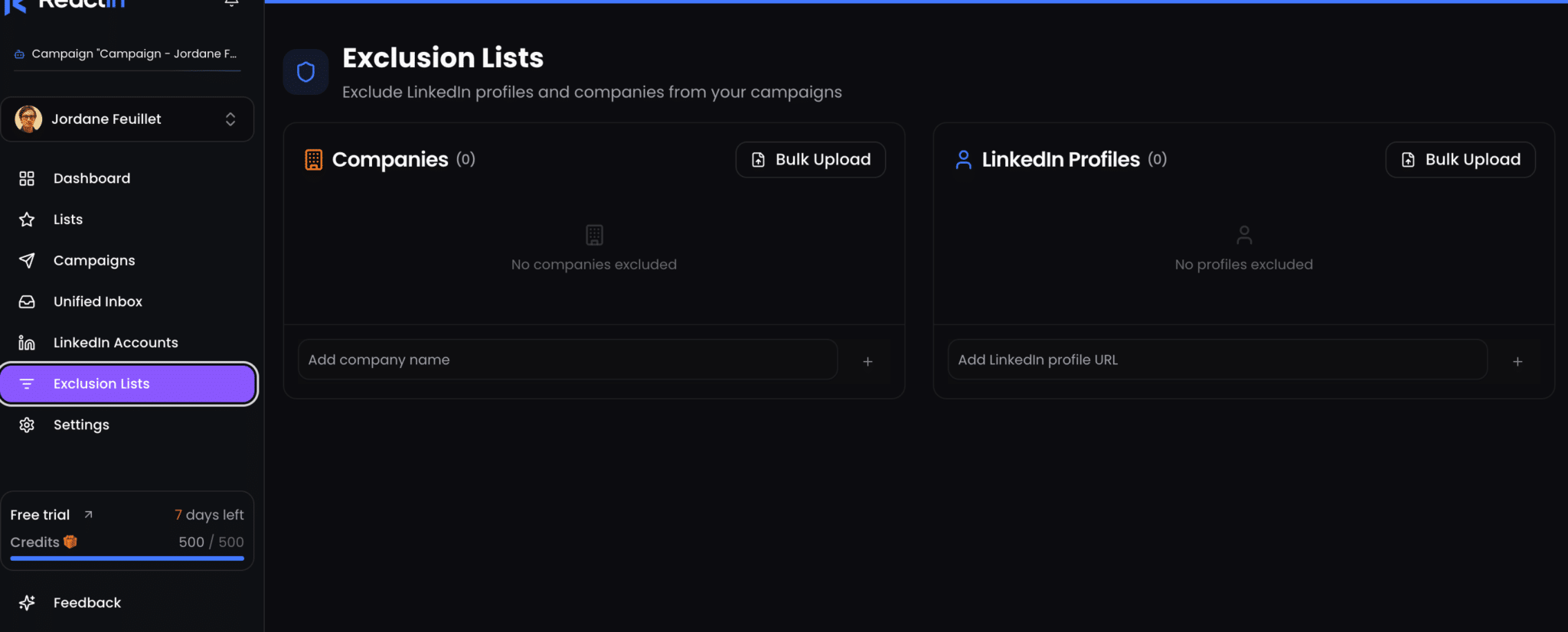 Liste d'exclusion de prospects dans Reactin.io