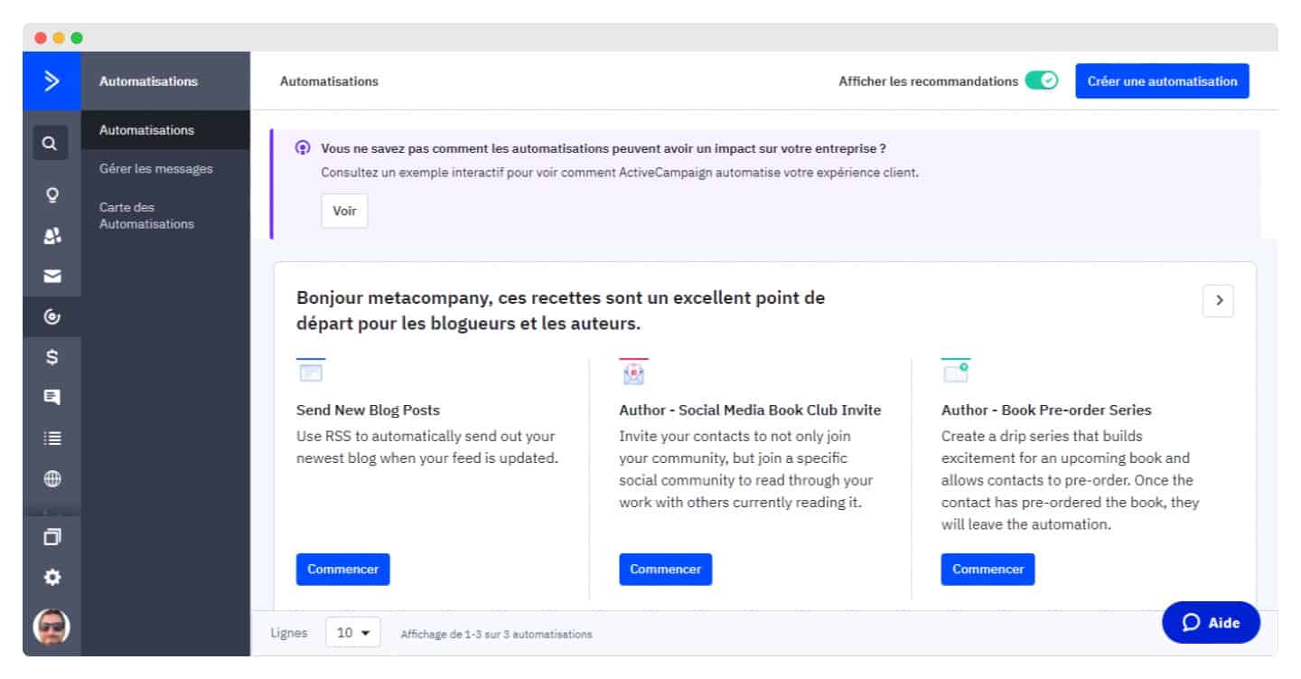 Recommandations de scénarios d'automatisation dans ActiveCampaign