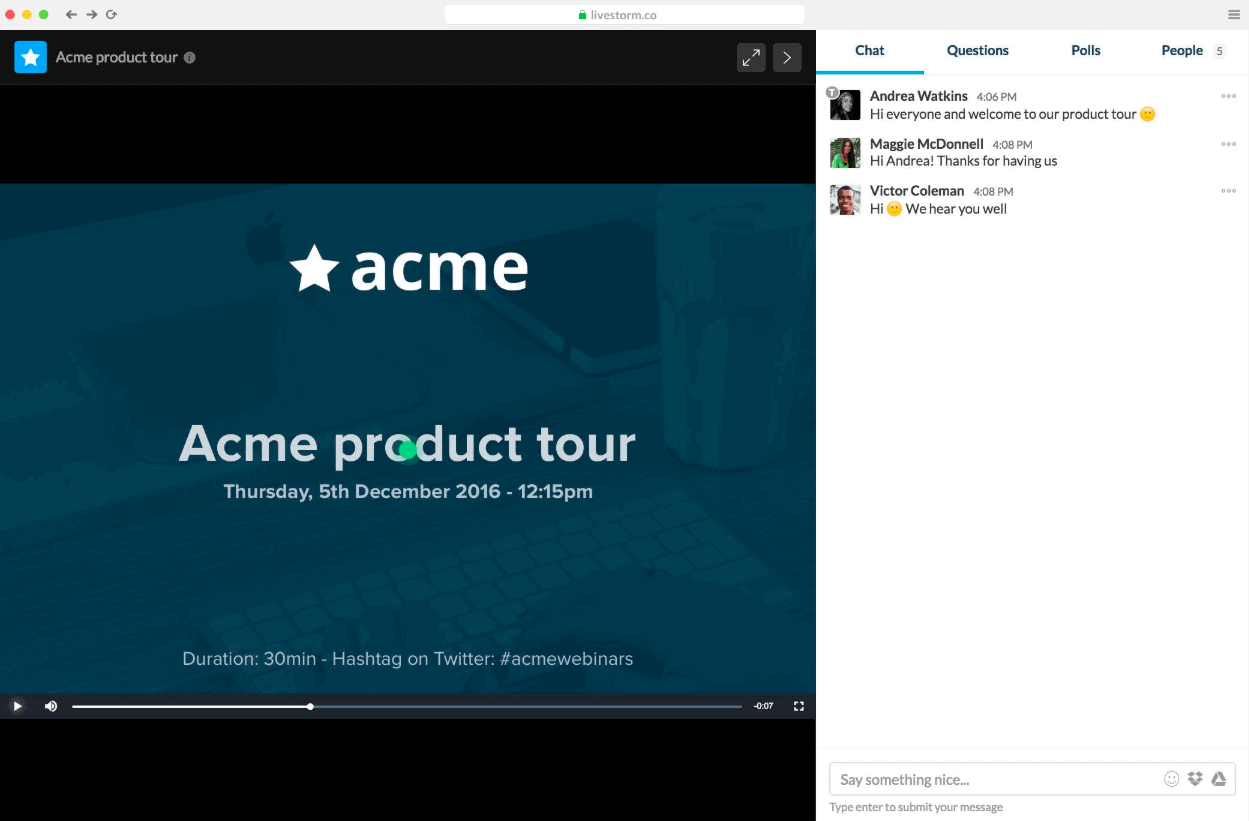 La page de replay d'un webinar Livestorm, partageable après le direct