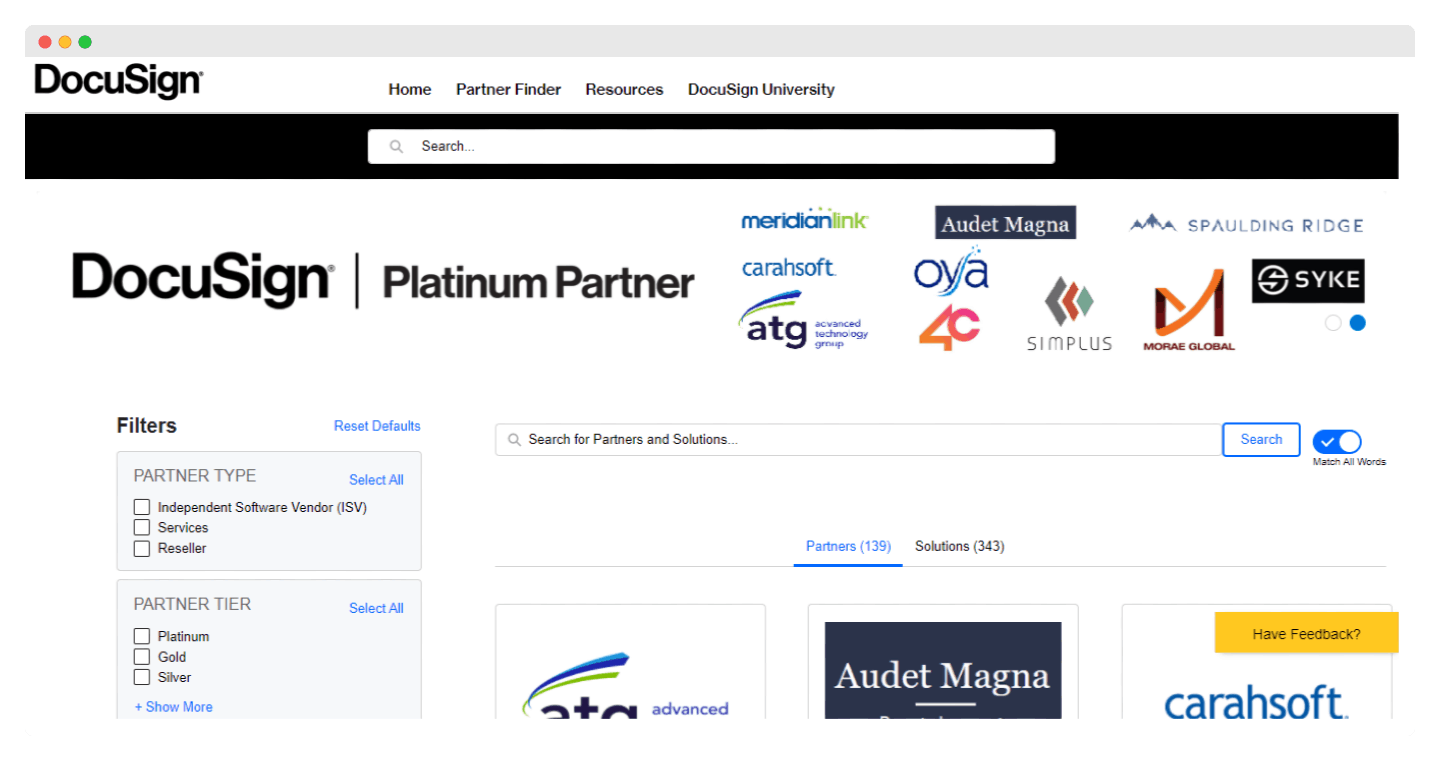 screenshot des partenaires de docusign