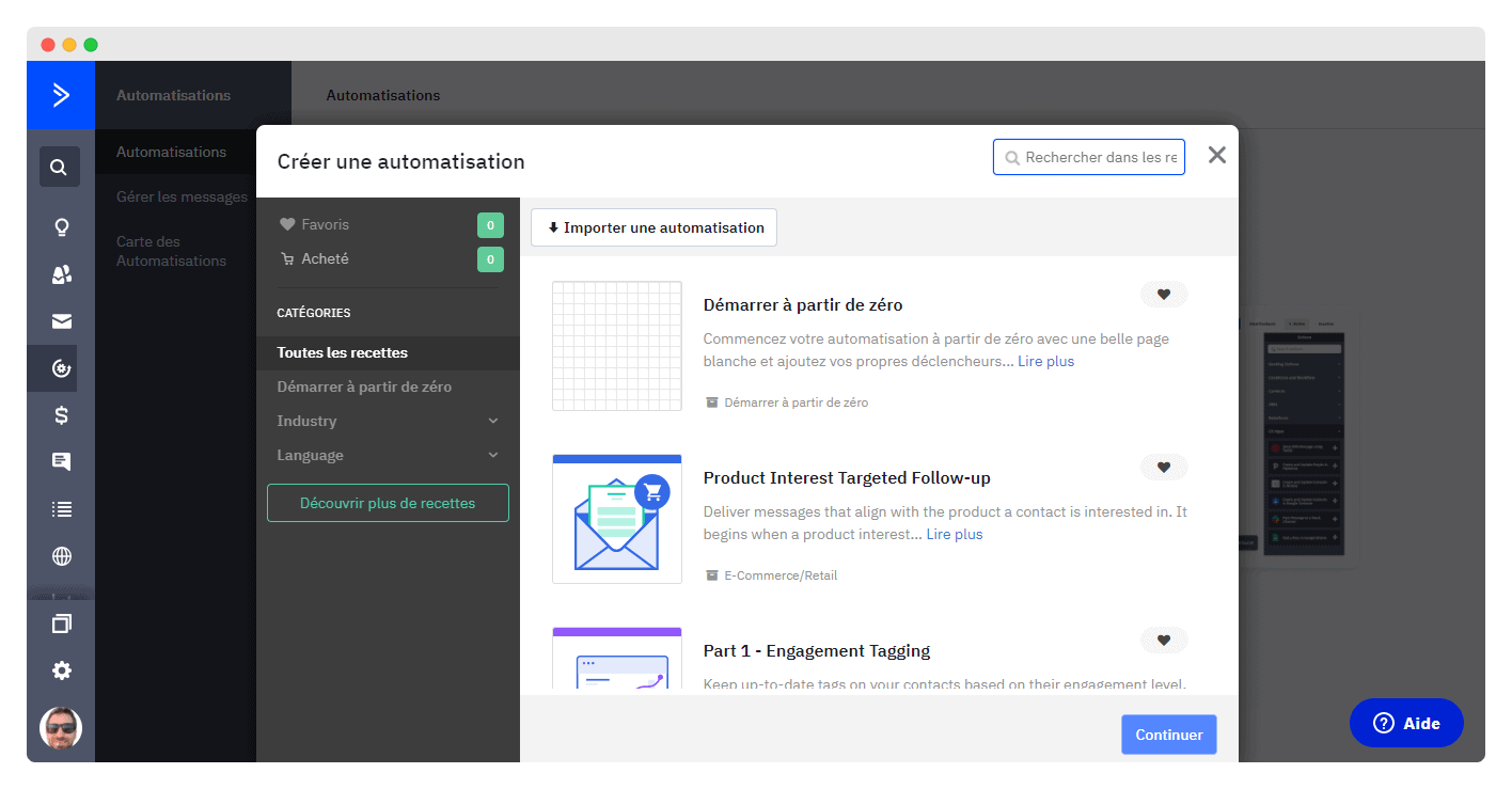 Tableau de bord des campagnes email d'ActiveCampaign