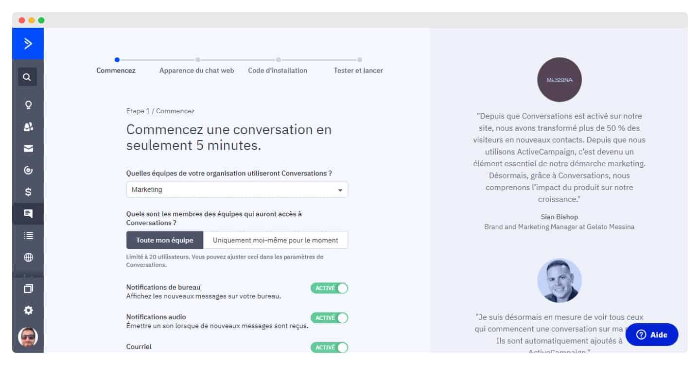 Module de conversations et de live chat d'ActiveCampaign