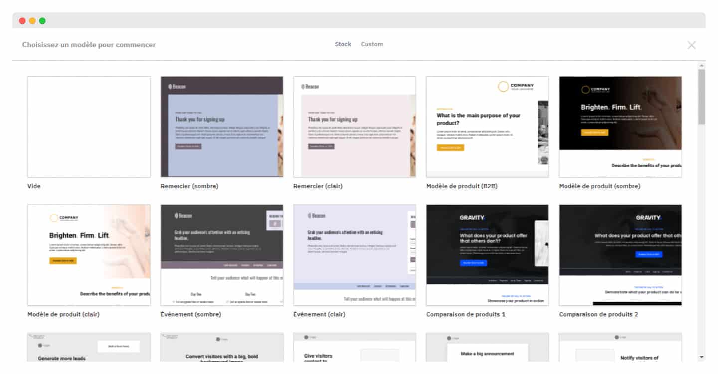 Éditeur de landing pages d'ActiveCampaign