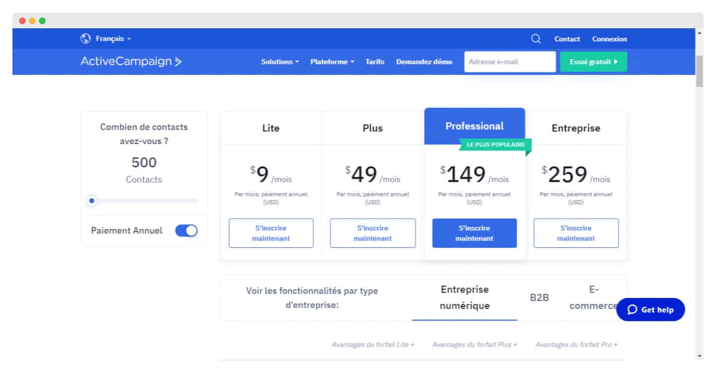 Grille tarifaire d'ActiveCampaign avec ses quatre formules