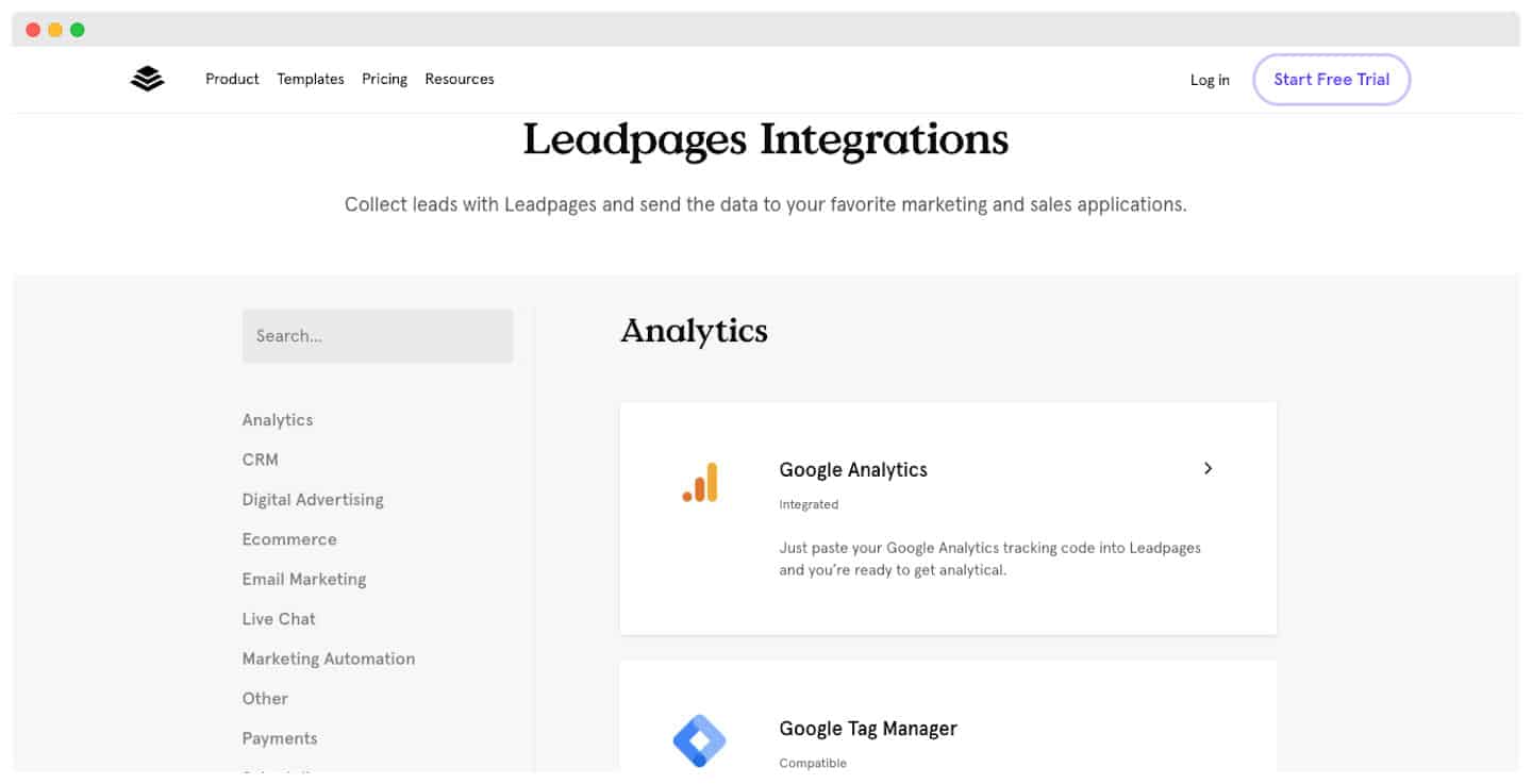 Les intégrations disponibles dans Leadpages