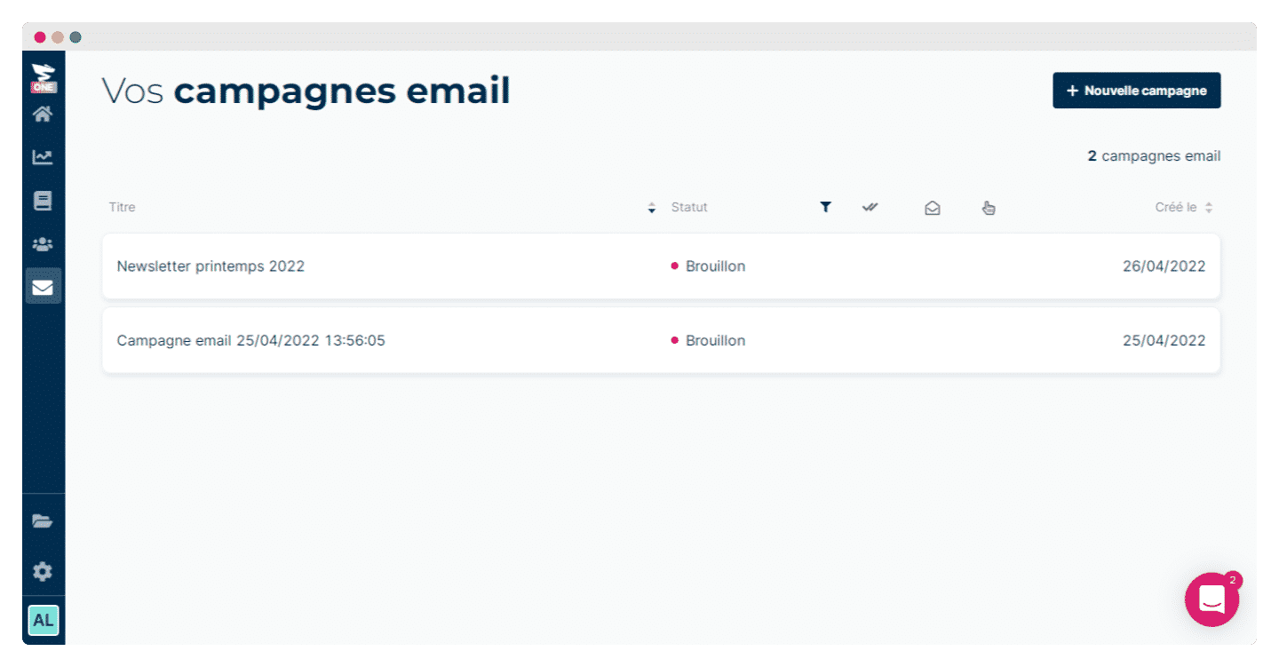 Liste des campagnes email dans Plezi One