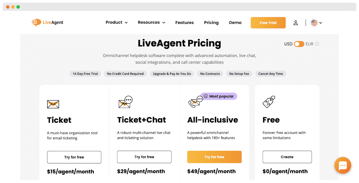 Grille tarifaire de LiveAgent