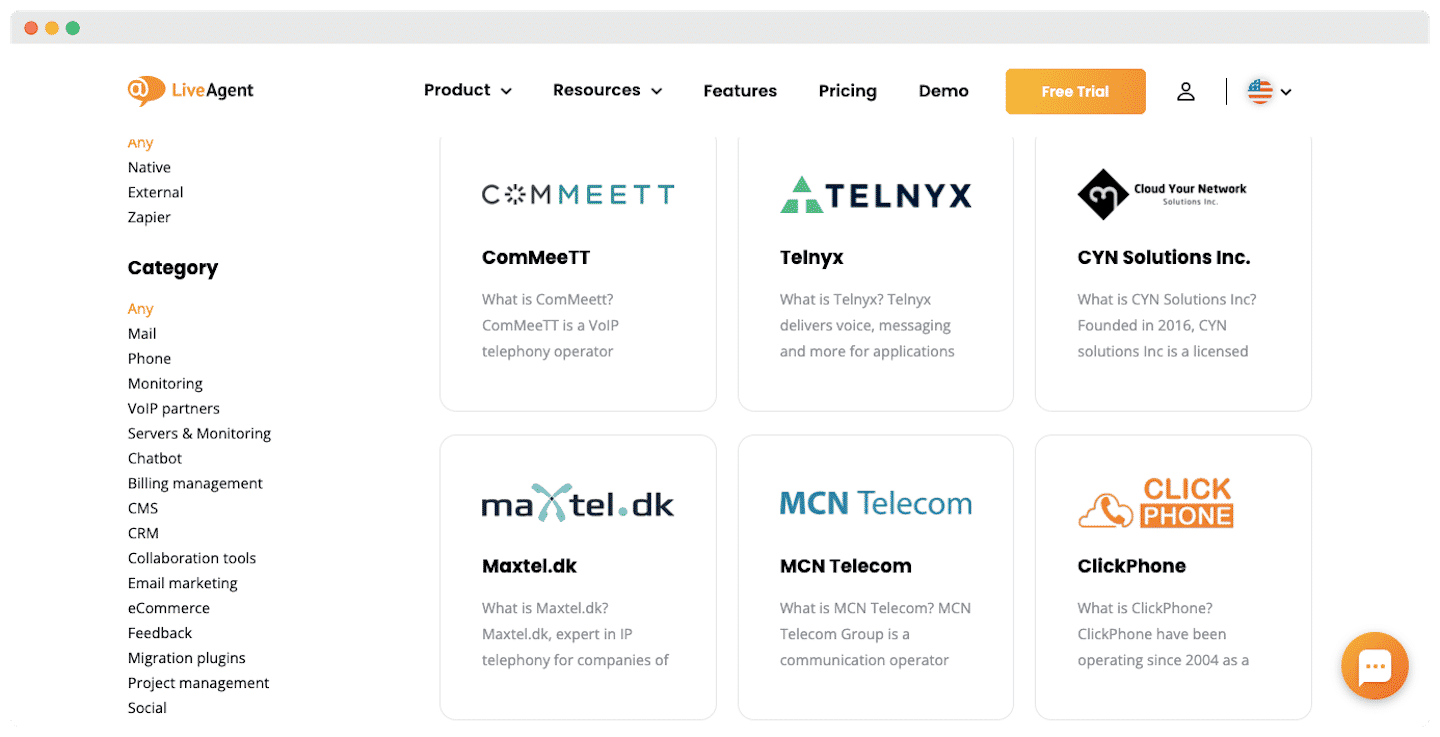 Détail d'une intégration dans LiveAgent