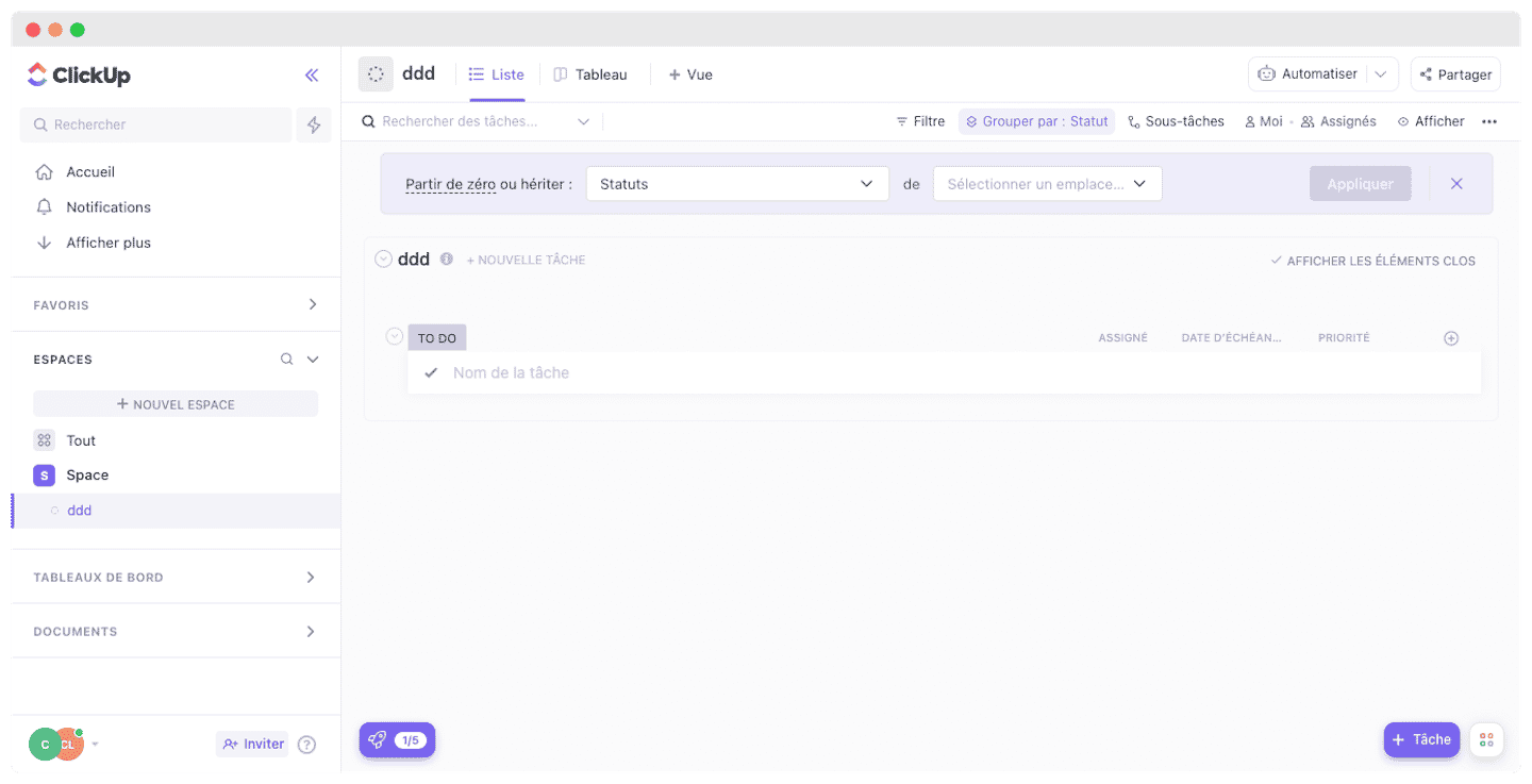 La liste des tâches dans ClickUp