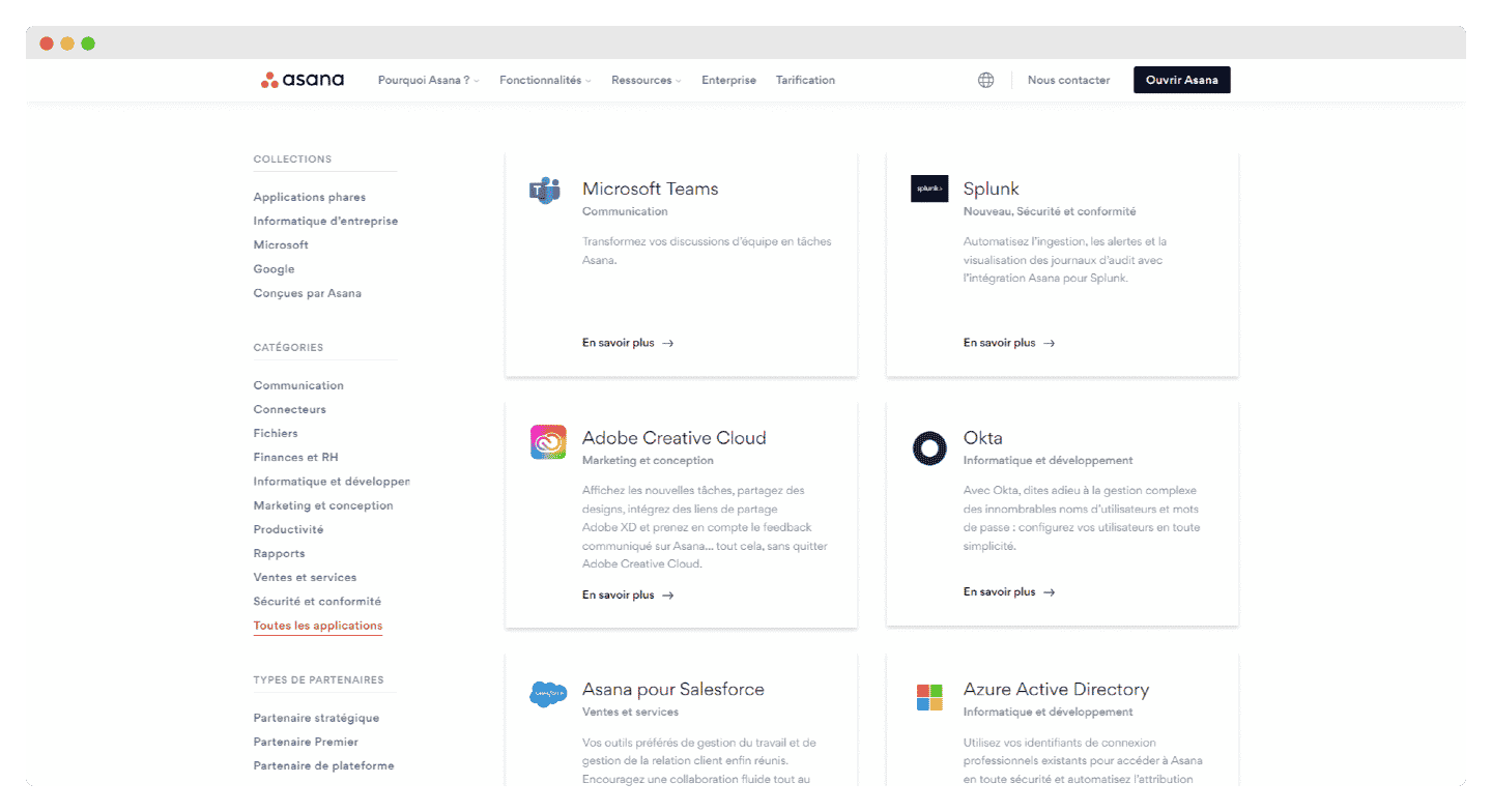 Le catalogue d'intégrations d'Asana