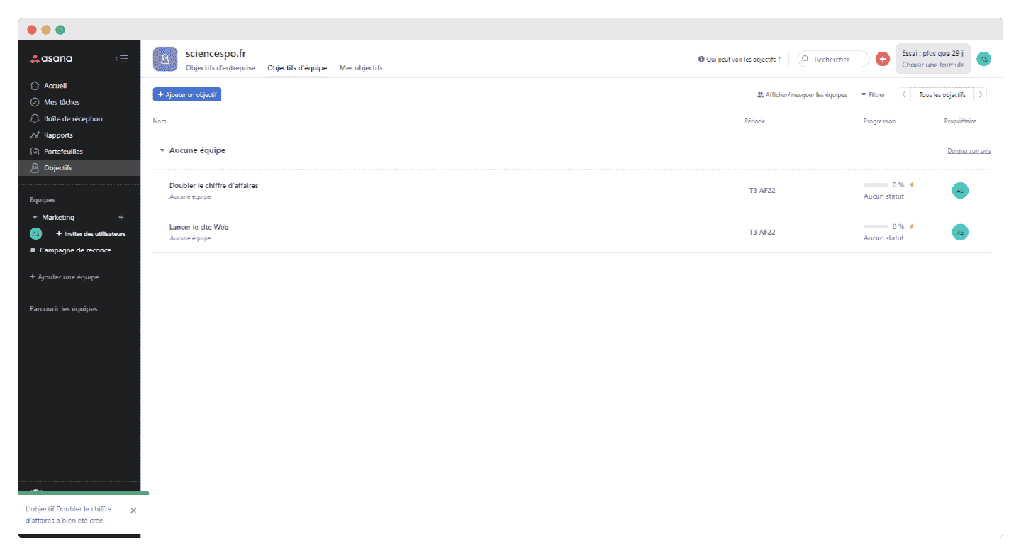 Le suivi des objectifs dans Asana