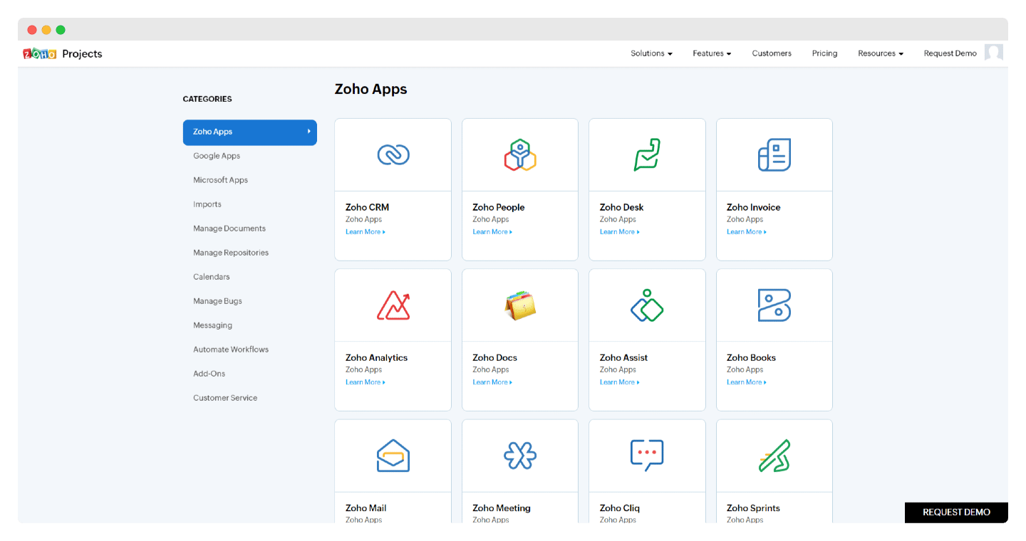 La marketplace d'intégrations de Zoho Projects