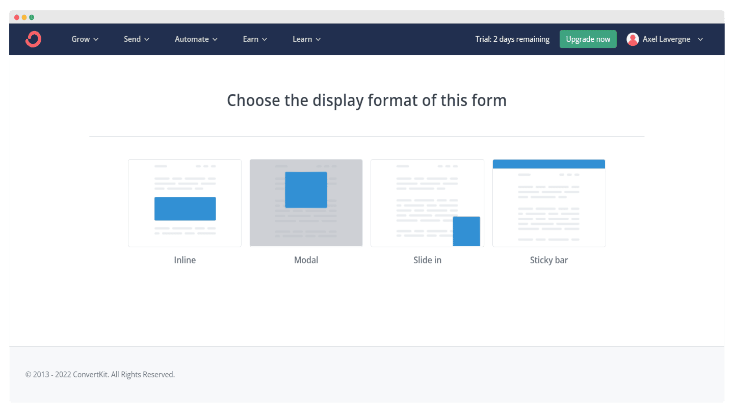 Choix du type de formulaire de capture dans Kit : inline, popup, slide in et sticky bar