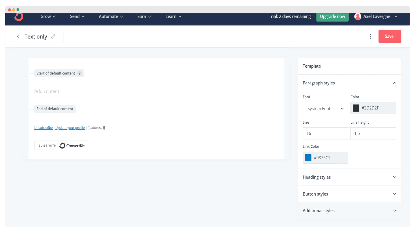 Options de mise en page d'une campagne email dans Kit