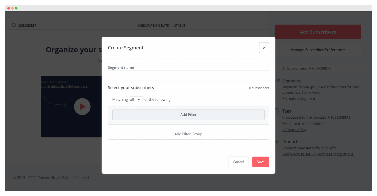 Constructeur de segments de Kit, avec les conditions logiques appliquées aux tags
