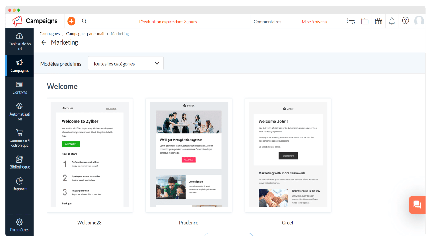 Choix du type de modèle d'email dans Zoho Campaigns