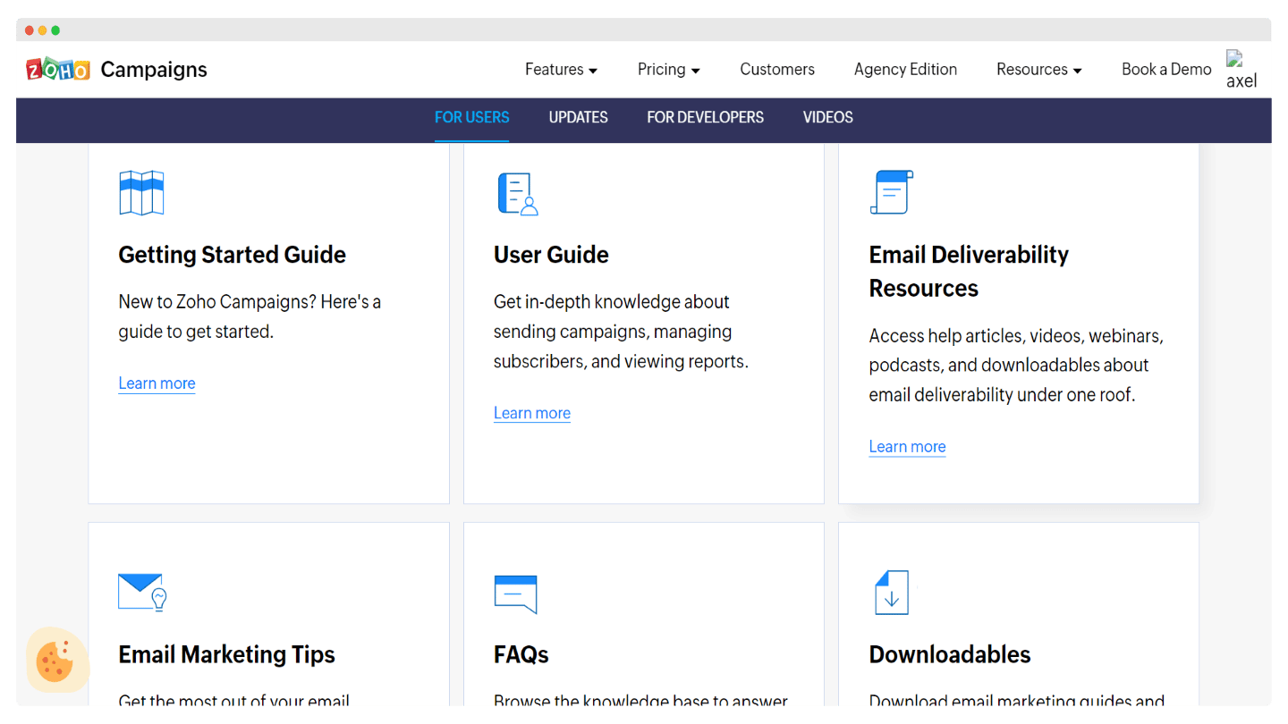 Centre d'aide de Zoho Campaigns, avec ses guides et ses ressources