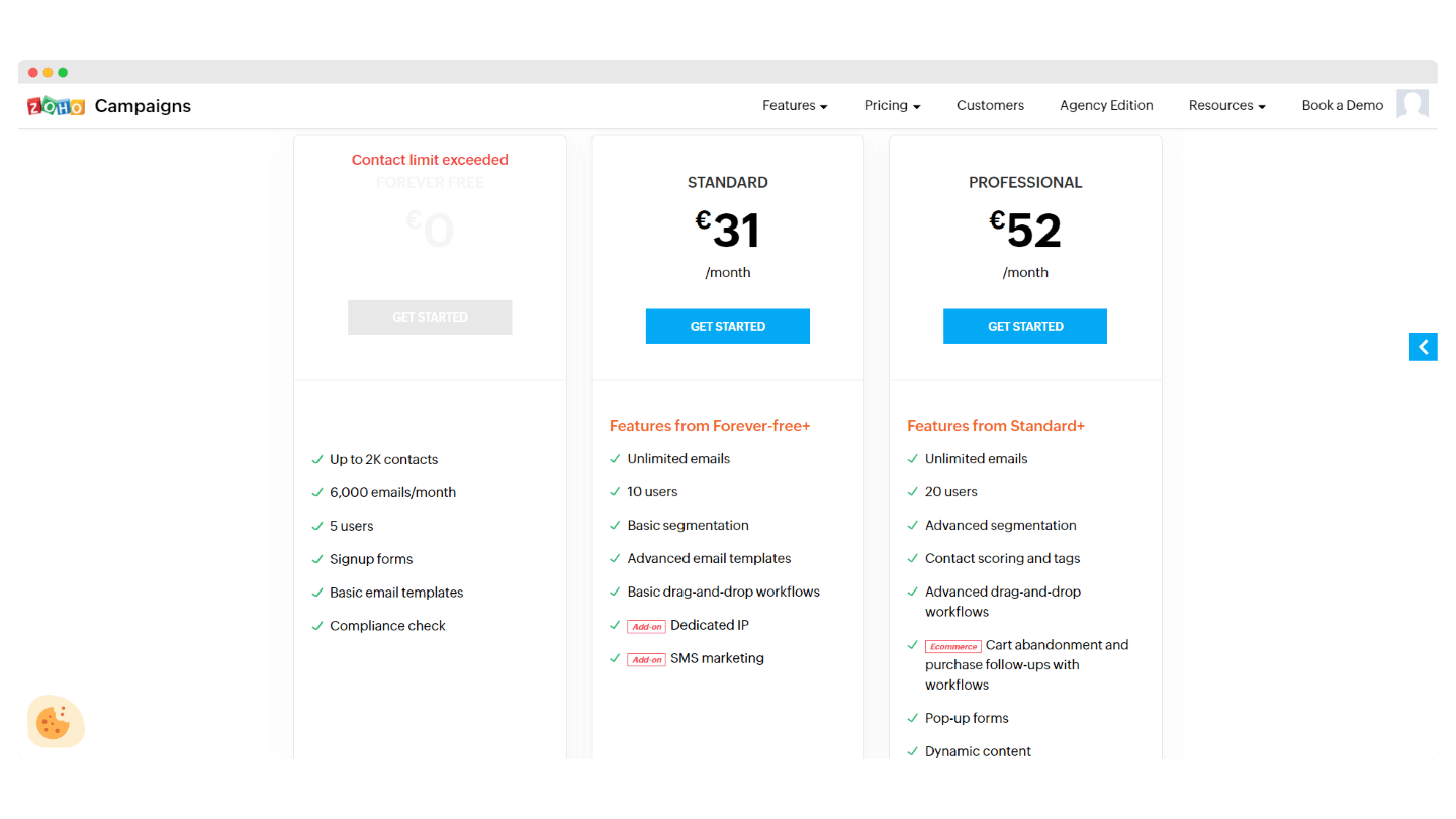 Grille tarifaire de Zoho Campaigns, avec les plans gratuit, Standard et Professionnel