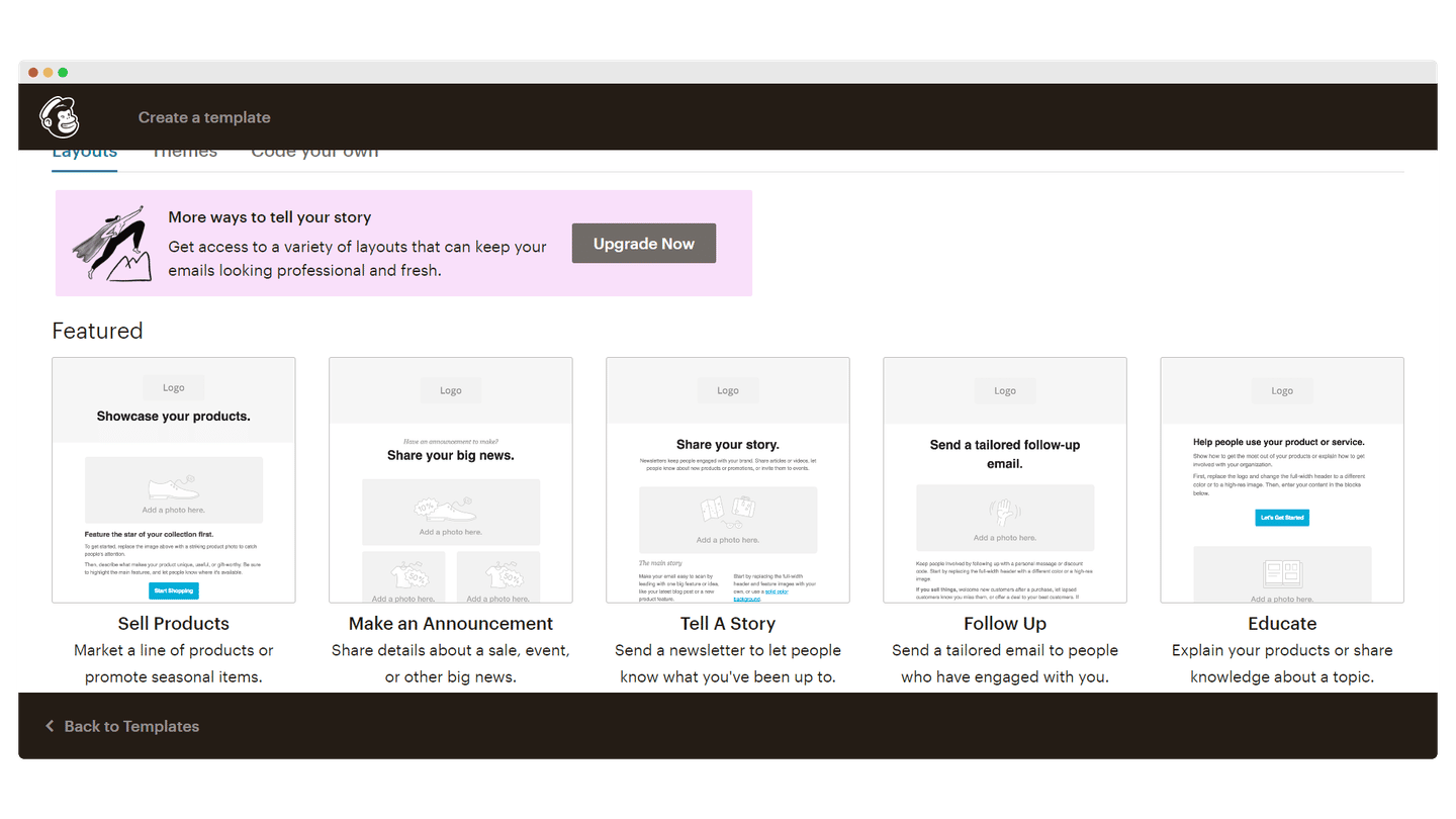 Mailchimp email template gallery, sorted by use case