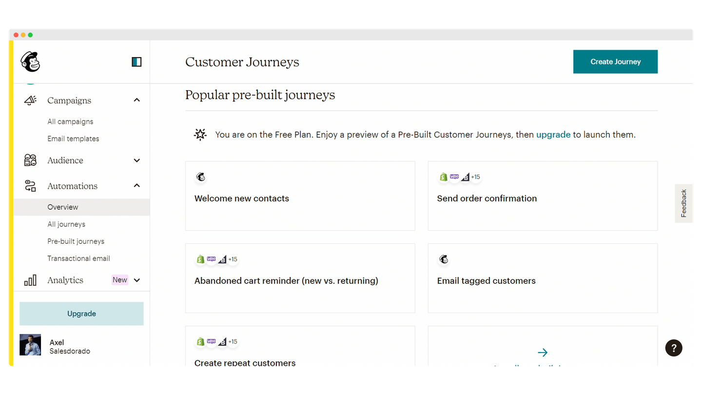 Mailchimp Customer Journeys editor, with the steps of the customer journey