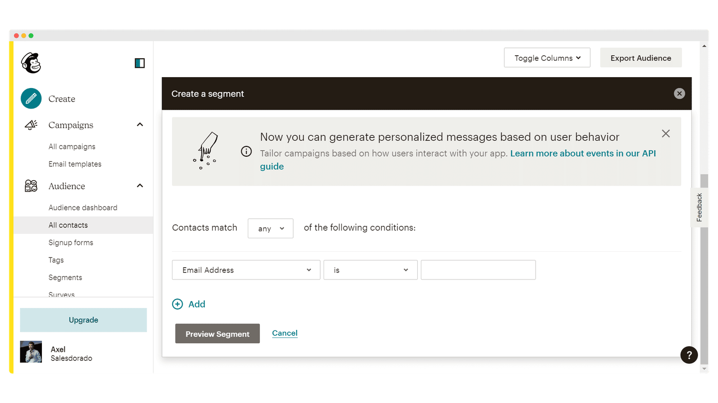 Contact segmentation screen in Mailchimp, with the filters applied