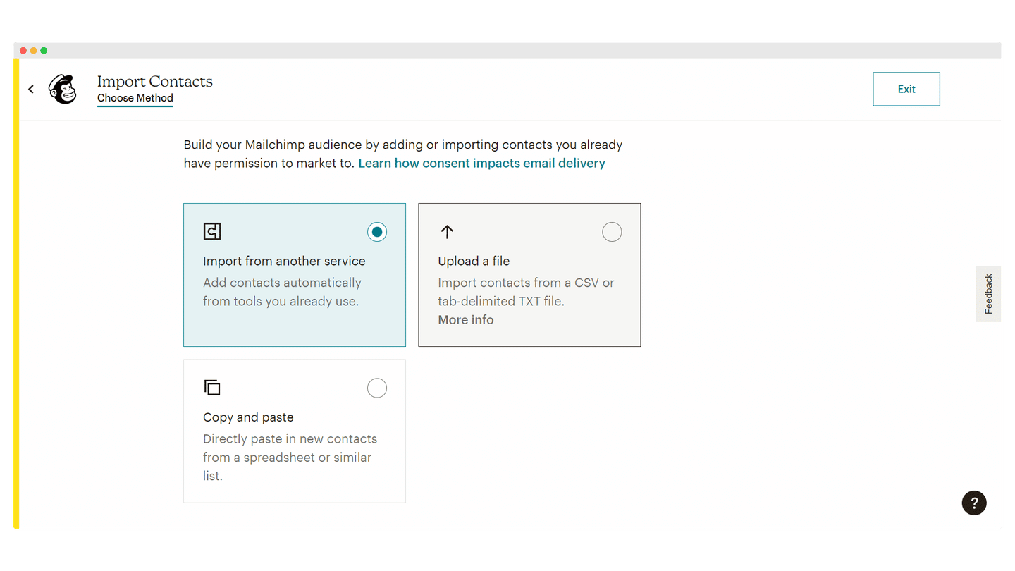 Contact import options offered by Mailchimp