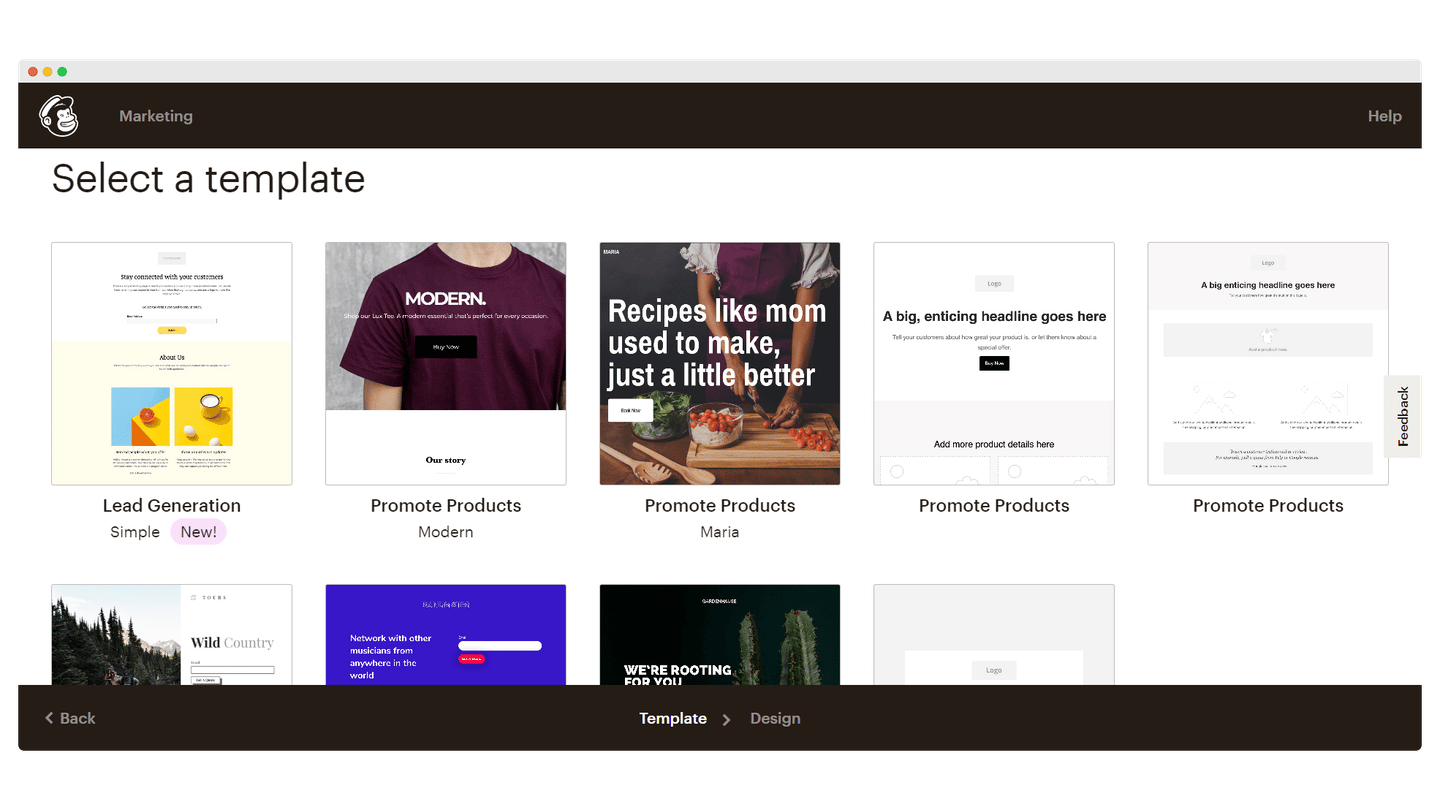 Landing page templates available in Mailchimp