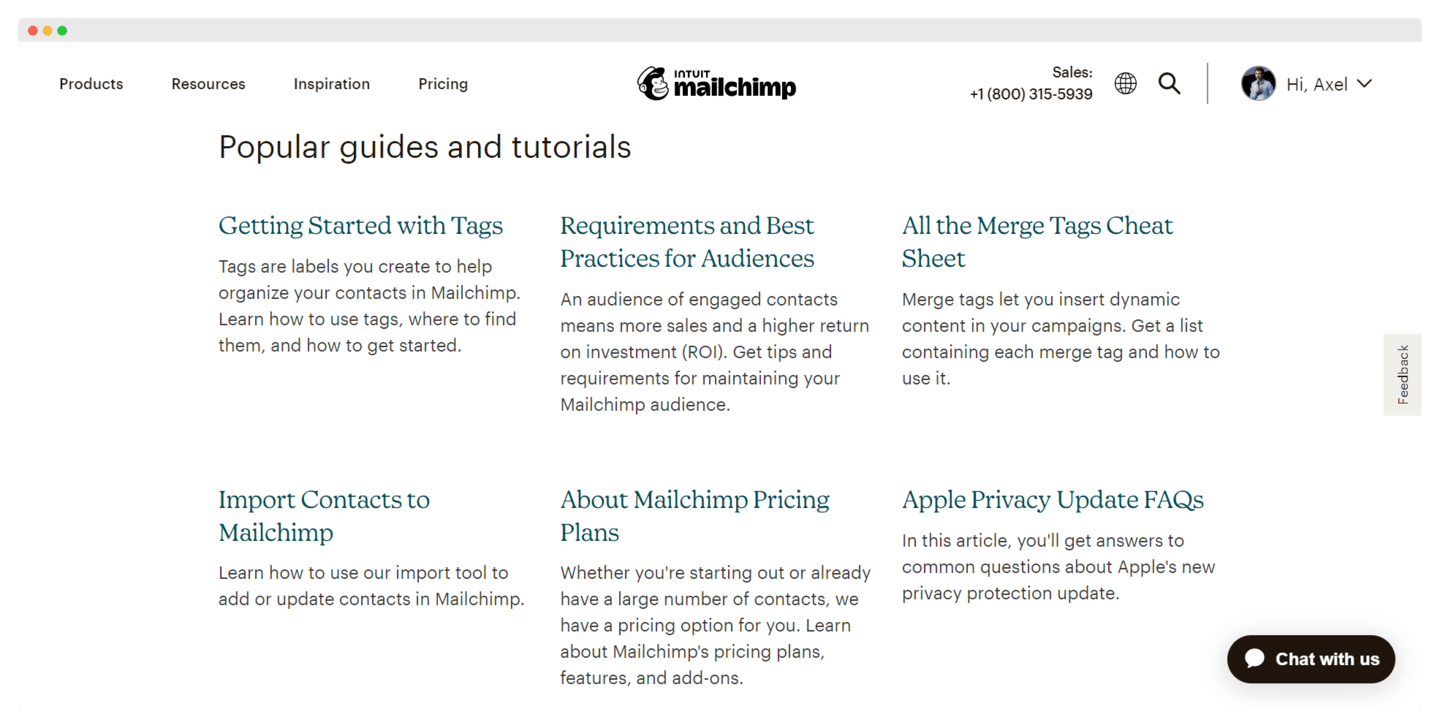 Mailchimp help center, with its guides sorted by category