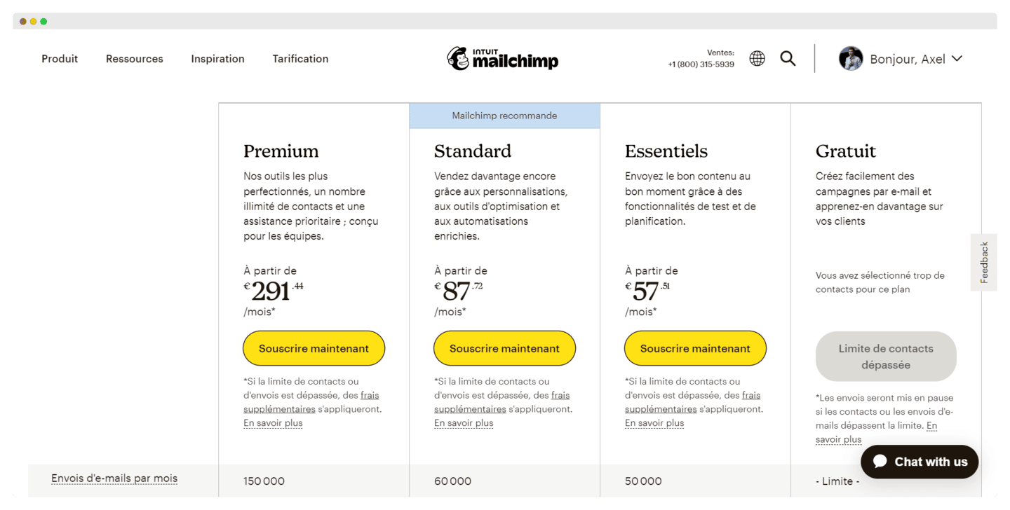 Mailchimp pricing grid, with the Essentials, Standard and Premium plans