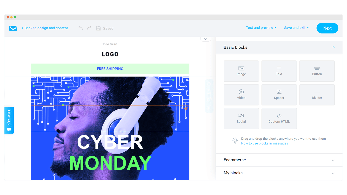 Éditeur d'emails en drag and drop de GetResponse, avec les blocs disponibles à droite