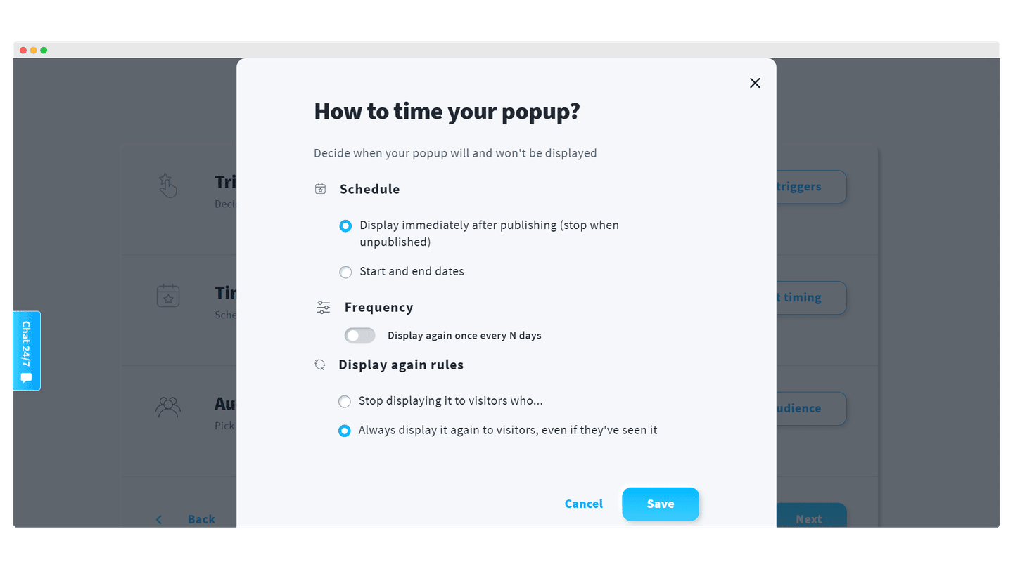 Paramètres de déclenchement d'un popup dans GetResponse