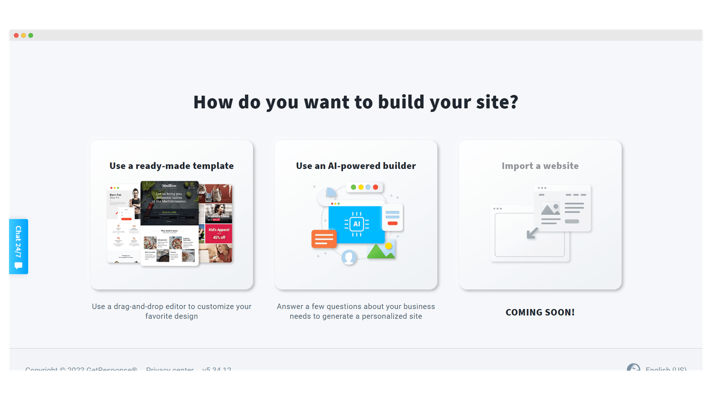 Éditeur de site web de GetResponse, avec la structure de la page à gauche
