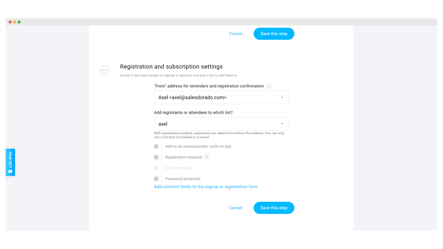 Écran de création d'un webinaire dans GetResponse