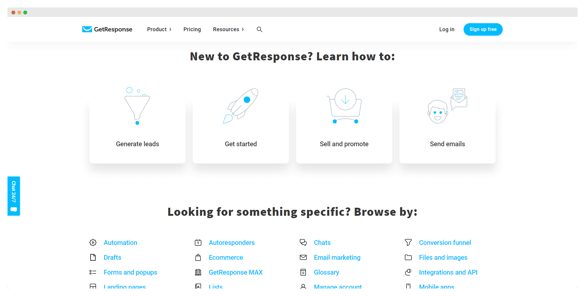 Centre d'assistance de GetResponse, avec ses catégories de ressources