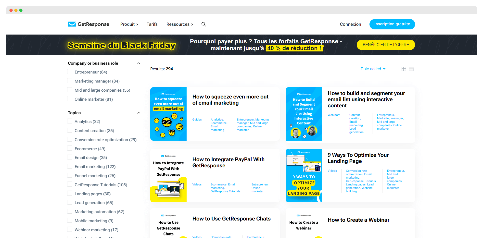 Guides interactifs et ressources d'aide proposés par GetResponse