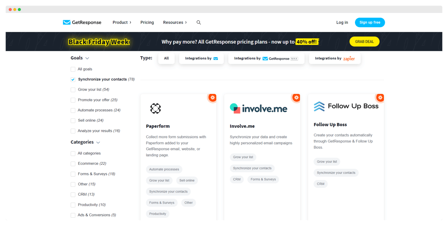 Catalogue d'intégrations de GetResponse, avec les applications classées par usage
