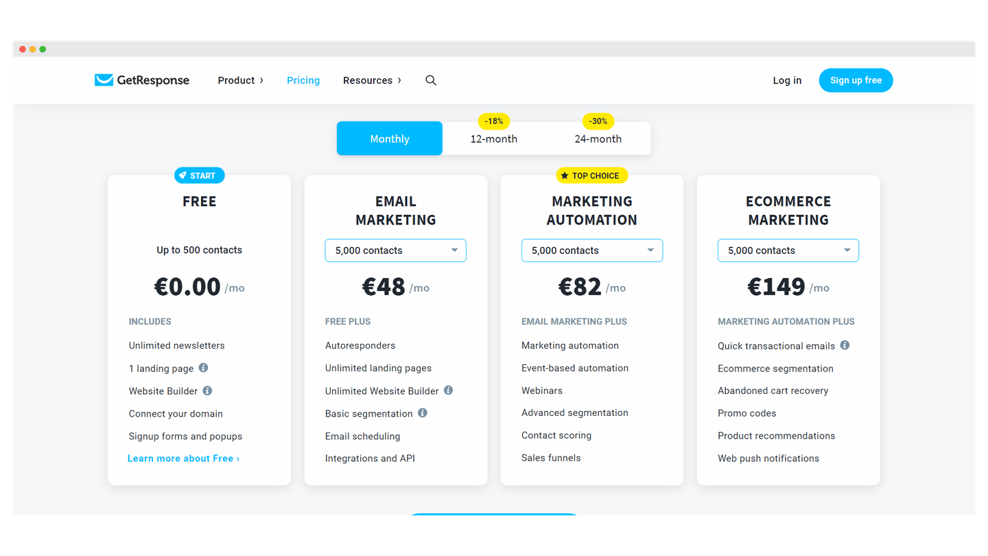 Grille tarifaire de GetResponse, avec les plans Email Marketing, Marketing Automation et Ecommerce Marketing