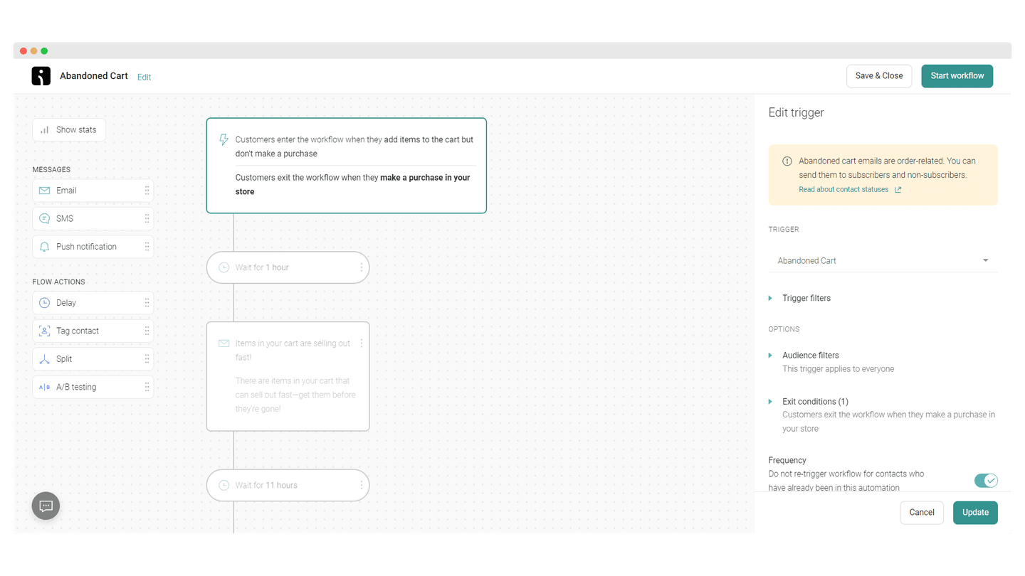 Éditeur de flux d'automatisation d'Omnisend, avec ses déclencheurs e-commerce