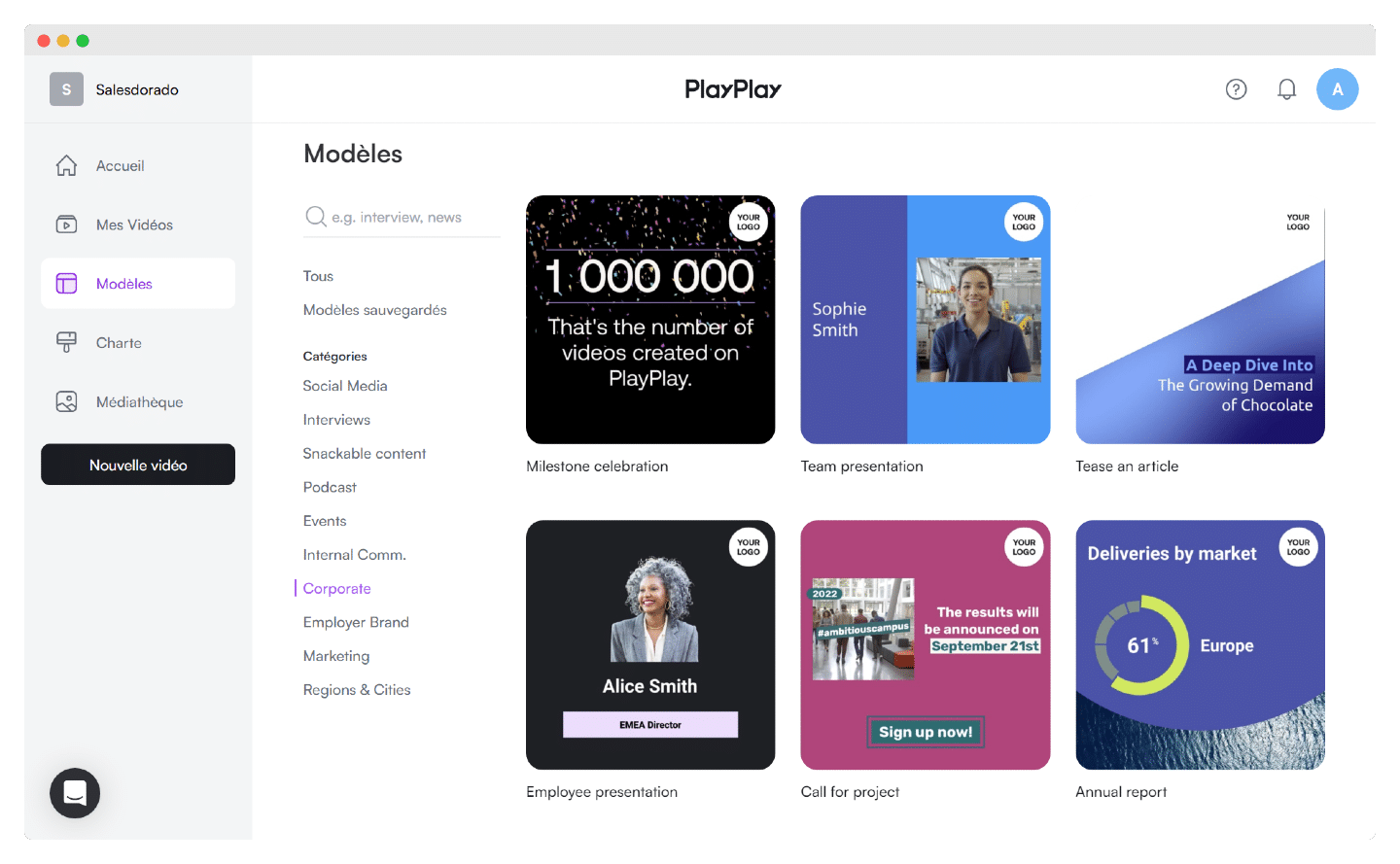 Catégories de templates proposées par PlayPlay