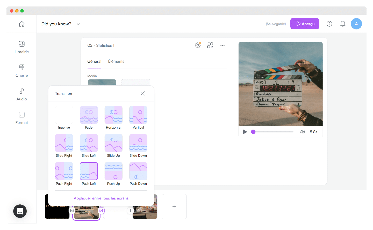 Réglages d'un écran et choix de transition dans PlayPlay