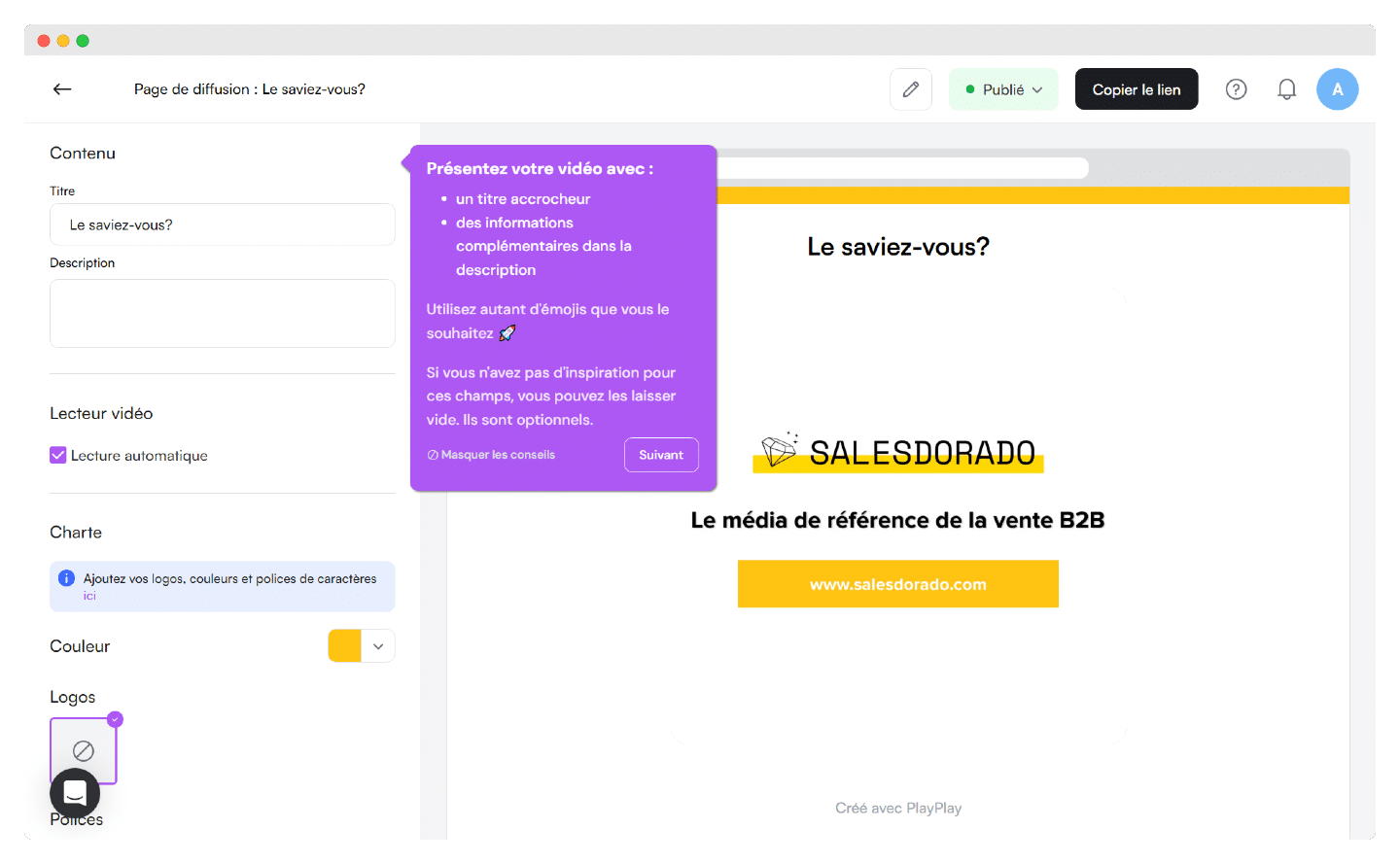Page de partage d'une vidéo PlayPlay