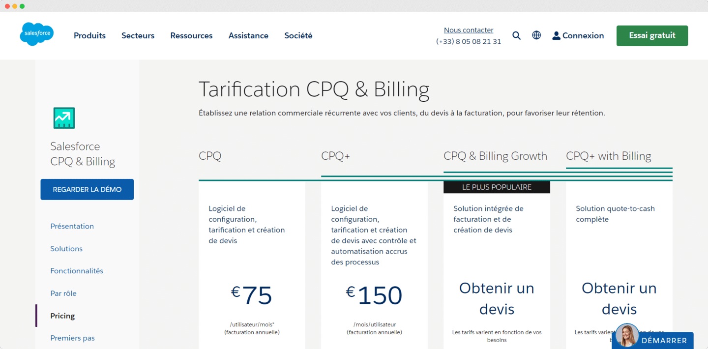 Page tarifs de Salesforce CPQ et Billing : CPQ à 75 € et CPQ+ à 150 € par utilisateur et par mois en facturation annuelle, CPQ et Billing Growth et CPQ+ with Billing sur devis
