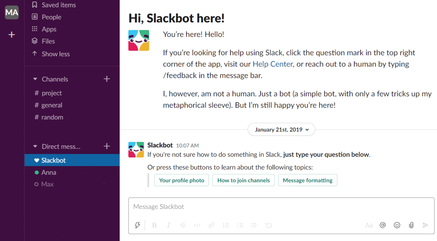 Message d’accueil du Slackbot qui guide un nouvel utilisateur dans Slack
