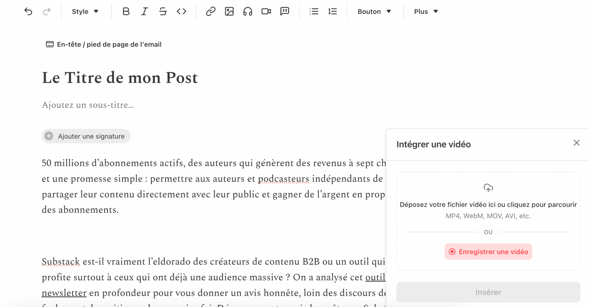 Intégration vidéo dans une publication Substack