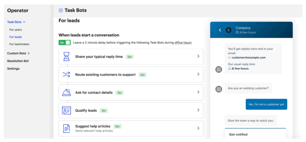 Bot Tâche d'Intercom, qui suggère des articles du centre d'aide