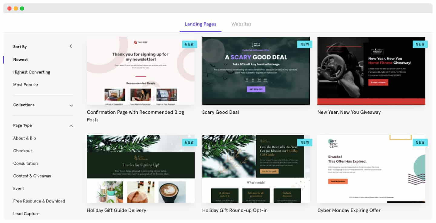 La galerie de templates de Leadpages, triable par taux de conversion