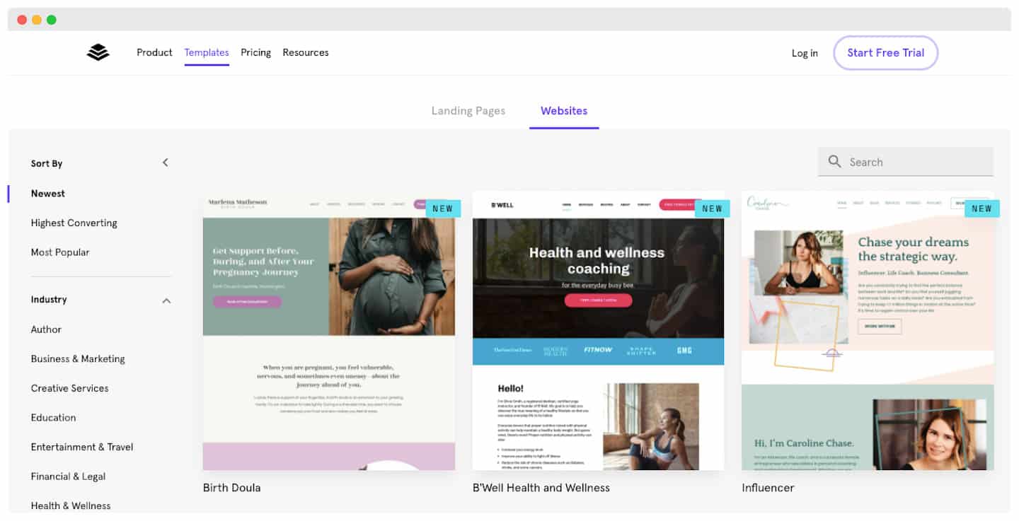 Le classement des templates Leadpages par type de page, style, secteur et couleur
