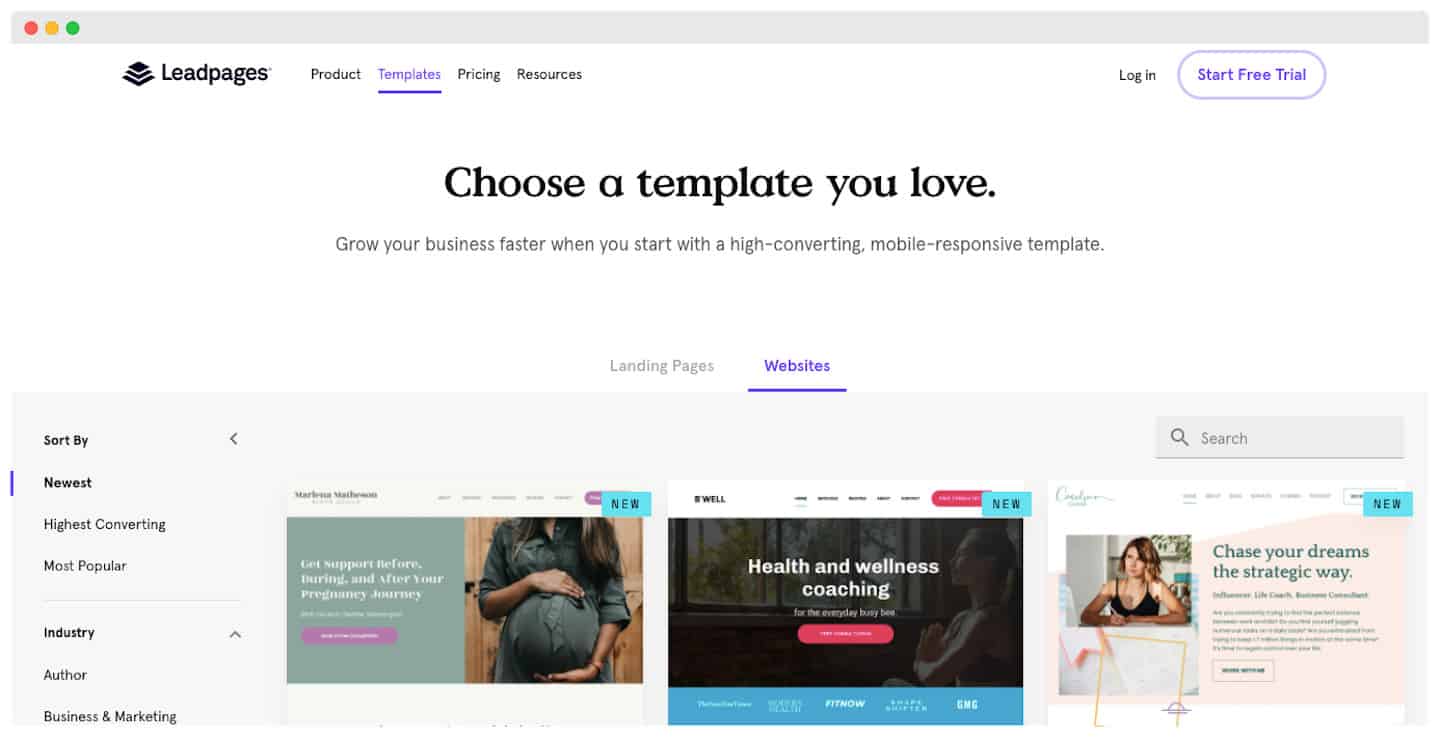 Les templates de section de l'éditeur Leadpages